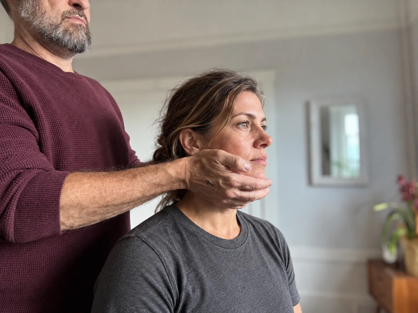 Hands guiding a seated woman’s jaw position